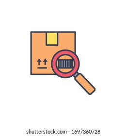 cuadro de paquete con código de barras e icono de lupa sobre fondo blanco, estilo de línea y relleno, ilustración vectorial