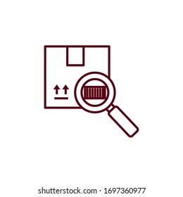 cuadro de paquete con código de barras e icono de lupa sobre fondo blanco, estilo de línea, ilustración vectorial