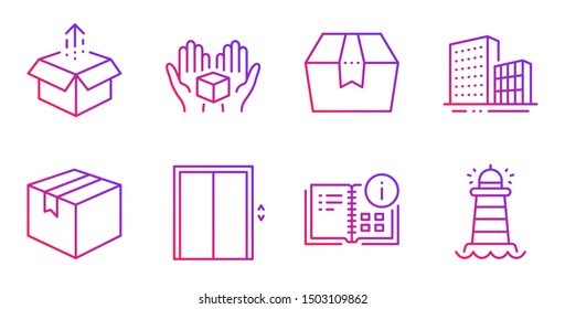 Package box, Buildings and Parcel line icons set. Hold box, Instruction info and Lift signs. Lighthouse symbol. Delivery goods, City architecture. Industrial set. Gradient package box icon. Vector