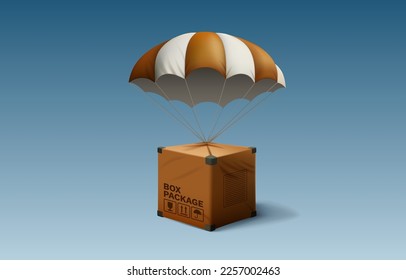 Paquete en una caja por paracaídas, entrega por aire. Ilustración del vector