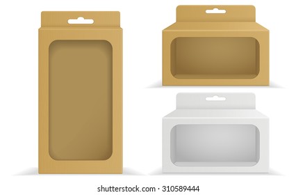 Package box. Cardboard box with a transparent plastic window. Vector Illustration isolated on white background.
