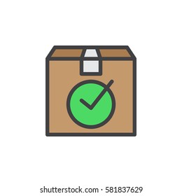 Package box with check mark line icon, filled outline vector sign, linear colorful pictogram isolated on white. Delivered symbol, logo illustration