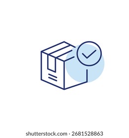 Paketfeld und Markierung. Lieferung, Lieferung und Rücksendung abgeschlossen. Pixel perfekt, bearbeitbares Strichvektorsymbol