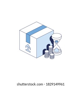 Package box coins money time hour glass. Vector 3d line isometric, color web icons set, new flat style. Creative illustration, idea for infographics.