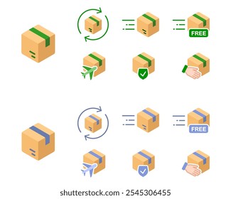 Package box color icon set. Fast delivery realistic style sign. Free and worldwide shipping symbol. Logistic pictogram set. Parcel illustration.