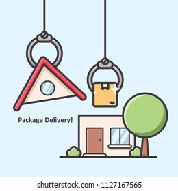 Package box delivery by robot claw grabber hand direct into house or home illustration