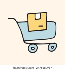 the package. box. delivery. unloading. to the door. mail. worldwide delivery. sender. recipient. purchase. online store. to send. receive. vector illustration. color background. flat style. doodle. 