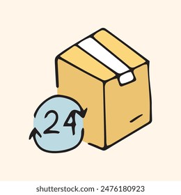 Das Paket. Box. Lieferung. Entladen. An die Tür. Mail. Weltweite Zustellung. Absender. Empfänger. Kauf. Online-Shop. Zum Versenden. Empfangen. Vektorillustration. Farbhintergrund. Flacher Stil. Doodle. 