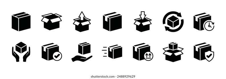 Package box flat icon vector set. Containing open cardboard, fast delivery box, container, parcel protection, storage, good packing, fragile, wrapped, offer, processed, product shipping, merchandise