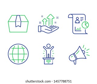 Package box, Globe and Analysis graph line icons set. Winner podium, Report and Megaphone signs. Delivery goods, Internet world, Targeting chart. First place. Business set. Vector