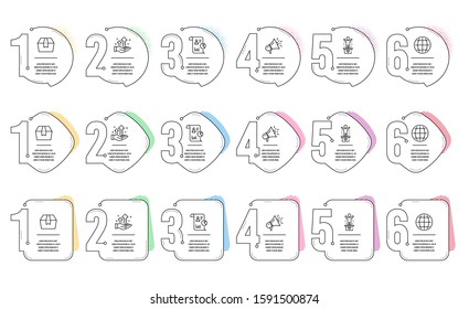 Package box, Globe and Analysis graph line icons set. Infographic timeline. Winner podium, Report and Megaphone signs. Delivery goods, Internet world, Targeting chart. First place. Vector