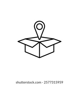 package box icon with location mark, simple flat style, logo sign symbol vector illustration pictogram, isolated on white for mobile app