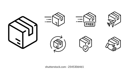 Package box icon set. Fast delivery sign. Free and worldwide shipping symbol. Logistic pictogram set. Parcel illustration.