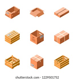 Package box icon set. Isometric set of 9 package box vector icons for web design isolated on white background