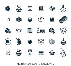 Package box icons set on white background. online delivery service business. Parcel container, packaging boxes, web design for applications.