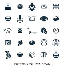 Package box icons set on white background. online delivery service business. Parcel container, packaging boxes, web design for applications.