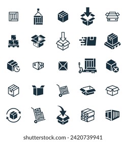 Package box icons set on white background. online delivery service business. Parcel container, packaging boxes, web design for applications.