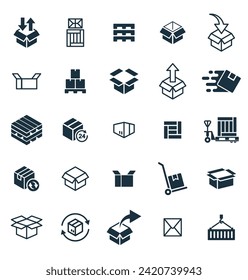 Iconos del cuadro de paquete establecidos en fondo blanco. negocio de servicios de entrega en línea. Contenedor de paquetes, cajas de embalaje, diseño web para aplicaciones.