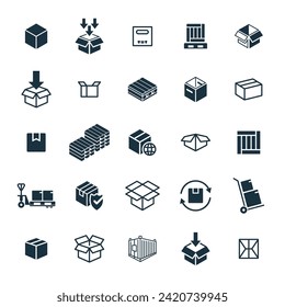 Package box icons set on white background. online delivery service business. Parcel container, packaging boxes, web design for applications.