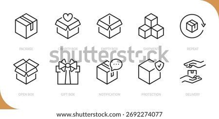 Package, box line icon set. Charity box, empty, shipment, repeat, open box, gift box, notification, protection, delivery sign. Vector illustration. Editable stroke. Flat design.