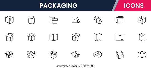 Conjunto de vetores de ícone de linha da caixa de pacote. Contendo papelão aberto, caixa de entrega rápida, recipiente, proteção de encomendas, armazenamento, boa embalagem, frágil, embalado, oferta, processado, envio de produtos, mercadoria