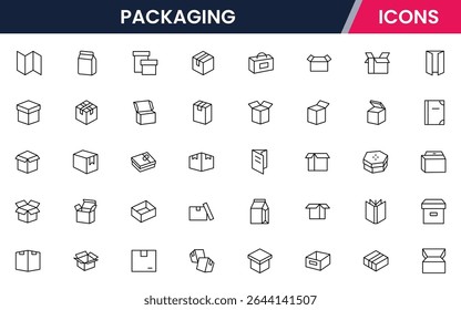 Conjunto de vetores de ícone de linha da caixa de pacote. Contendo papelão aberto, caixa de entrega rápida, recipiente, proteção de encomendas, armazenamento, boa embalagem, frágil, embalado, oferta, processado, envio de produtos, mercadoria