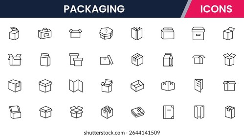 Package box line icon vector set. Containing open cardboard, fast delivery box, container, parcel protection, storage, good packing, fragile, wrapped, offer, processed, product shipping, merchandise