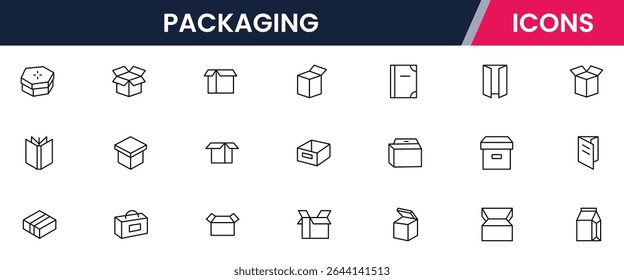 Conjunto de vetores de ícone de linha da caixa de pacote. Contendo papelão aberto, caixa de entrega rápida, recipiente, proteção de encomendas, armazenamento, boa embalagem, frágil, embalado, oferta, processado, envio de produtos, mercadoria
