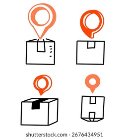 Pin de ubicación de la caja del paquete en la colección dibujada a mano del doodle