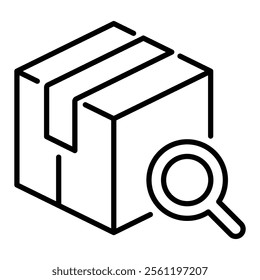 A package box with a magnifying glass, symbolizing quality control and inspection, round line vector icon with editable stroke