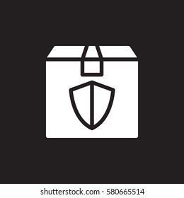 Package box with shield icon vector, filled flat sign, solid white pictogram isolated on black. Guaranteed delivery symbol, logo illustration