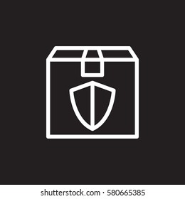 Package box with shield line icon, outline vector sign, linear white pictogram isolated on black. Guaranteed delivery symbol, logo illustration