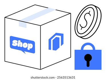 A package box with a shop label, a coin with a dollar symbol, and a padlock icon. Ideal for e-commerce, online shopping, delivery services, secure transactions, and retail. Simple modern style