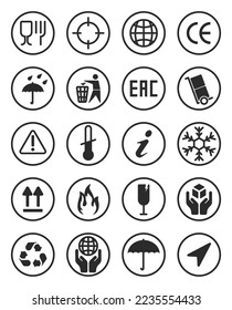 Conjunto de símbolos del cuadro de paquete. Reciclar, vidrio, frágil, plástico, señales de advertencia de paraguas. Pictogramas redondos para diseño de paquetes de cartón, entrega, logística, concepto de envío.