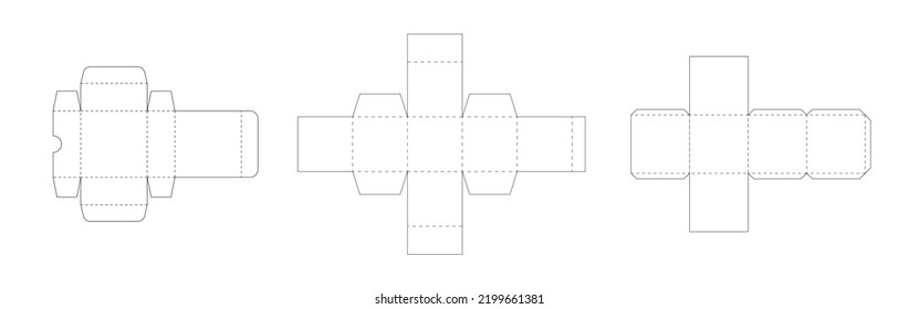 Package box template set. Dotted lines scheme of paper packaging, geometric model layout, black thin vector lines on white background.