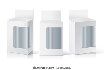 Package Box with a transparent window. Three different positions. Product Packing Vector.