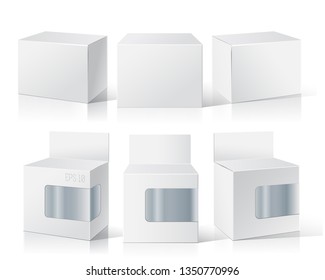 Package Box with a transparent window. Three different positions. Product Packing Vector.