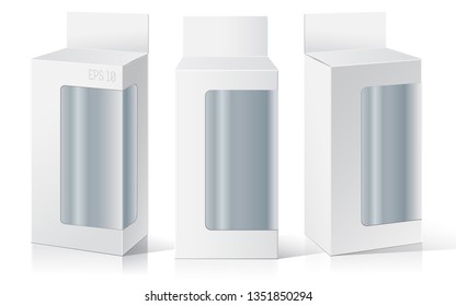 Package Box with a transparent window. Three different positions. Product Packing Vector.