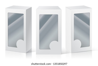 Package Box with a transparent window. Three different positions. Product Packing Vector.