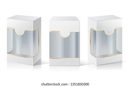 Package Box with a transparent window. Three different positions. Product Packing Vector.