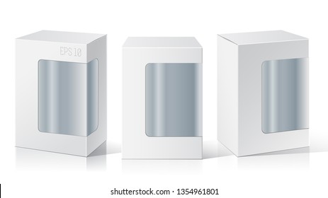 Package Box with a transparent window. Three different positions. Product Packing Vector.