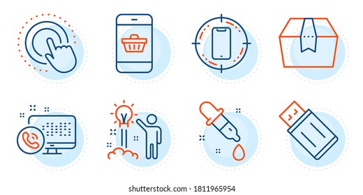 Package box, Usb flash and Web call signs. Smartphone target, Creative idea and Smartphone buying line icons set. Click hand, Chemistry pipette symbols. Phone, Startup. Technology set. Vector