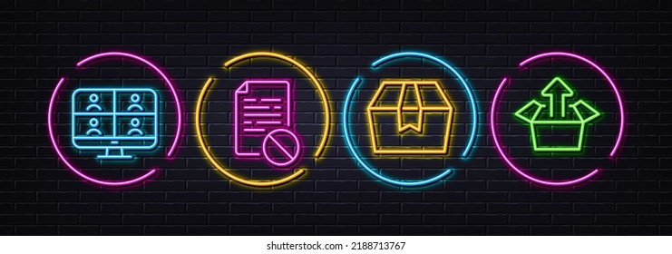 Package Box, Video Conference And Wrong File Minimal Line Icons. Neon Laser 3d Lights. Send Box Icons. For Web, Application, Printing. Delivery Goods, Team Training, Page Paper. Vector