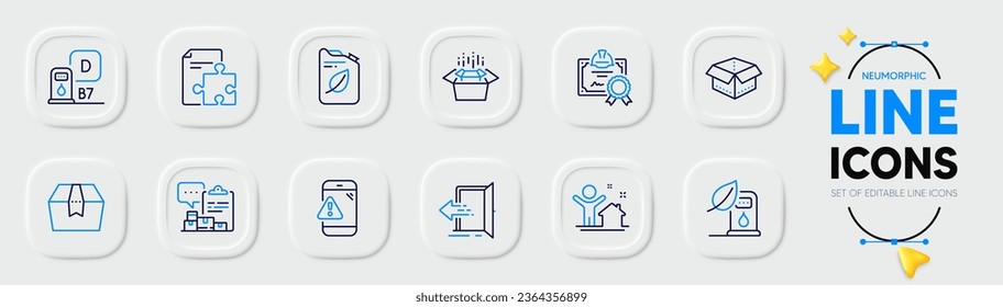 Package box, Warning message and Canister line icons for web app. Pack of Certificate, Packing boxes, Petrol station pictogram icons. Entrance, Open box, Strategy signs. Inventory report. Vector