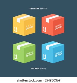 Package boxes icons set. Free, express, same day and next day delivery. Vector illustration.