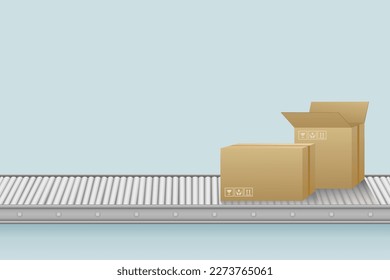 Package boxes on conveyor system, industrial production, vector illustration.