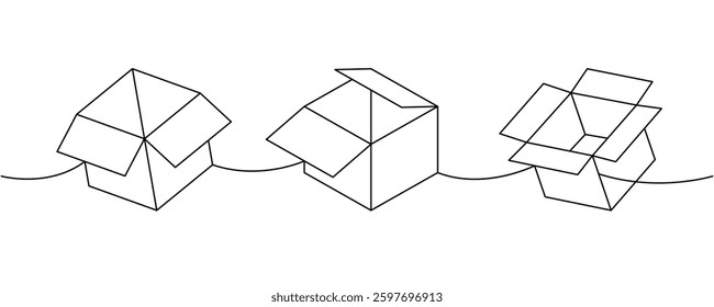Package boxes one line continuous drawing. Carton delivery boxes. Vector illustration.