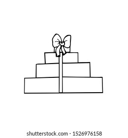 Package of boxes with presents. Black outline on white background. Picture can be used in christmas and new year greeting cards, posters, flyers, banners, logo etc. Vector illustration. EPS10