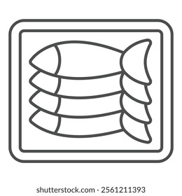 Package of canned fish thin line icon, fishery product concept. Vector graphics. Fish container sign on white background, outline style icon for mobile or web design