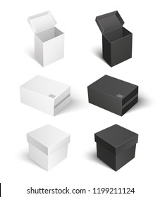 Package with caps empty containers isolated icons set vector. Square shaped carton boxes for products keeping and storage. Compact products shipping